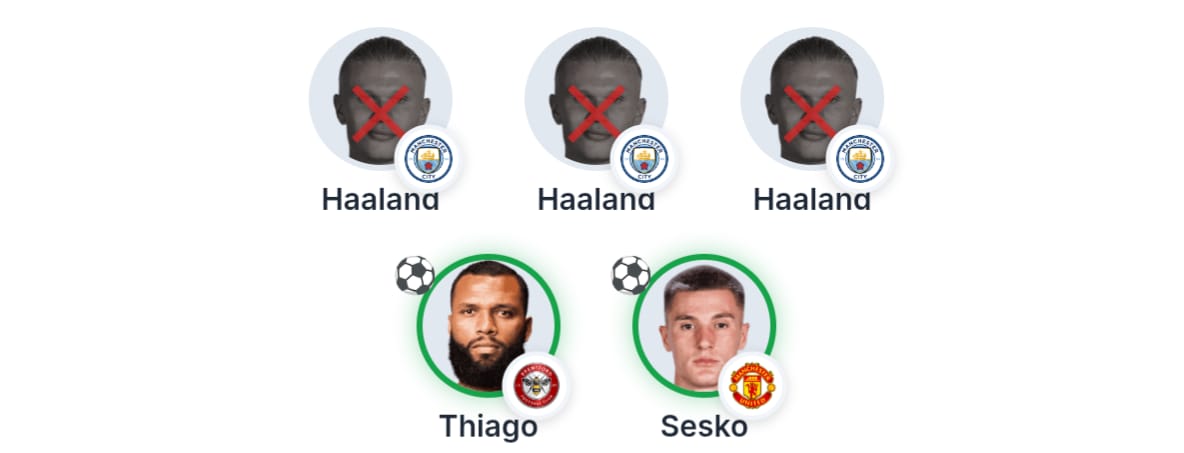 5 player picks with 3 Haalands eliminated and 2 scored