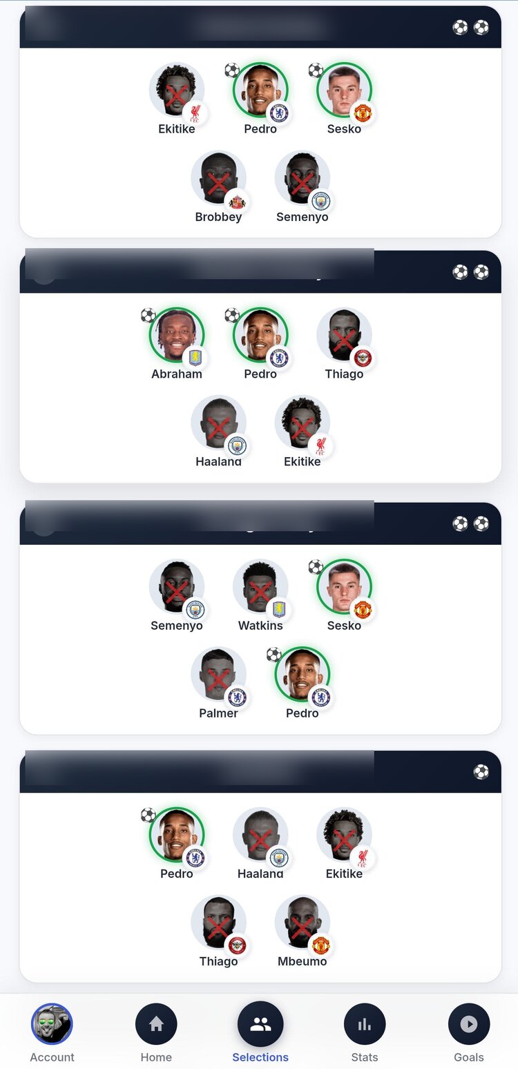 Live scoring with green rings for goals and red X for eliminated